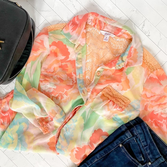Candie's Tops - Candie’s Floral Button-Front Blouse Lace Details